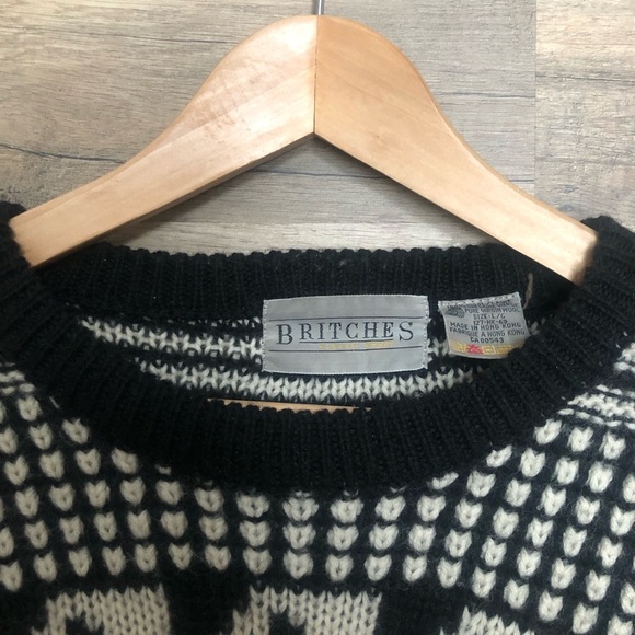 Vintage Britches Black and White Geometric Wool Knit Crewneck Sweater Large - Picture 9 of 11